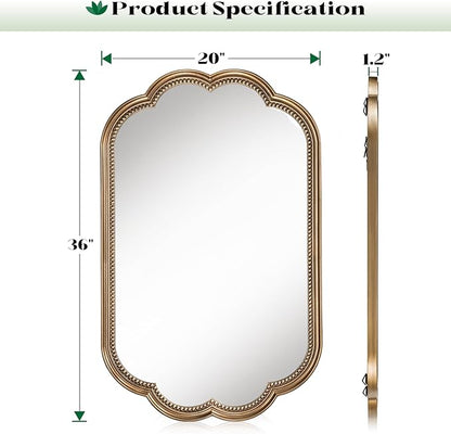 Scalloped Mirror for Bathroom, 20" x 36" Antique Wide Brass Mirror, Vintage Gold Mirrors with Beaded for Over Sink, Bedroom, Living Room, Fireplace, Entryway, Hangs Horizontally or Vertically