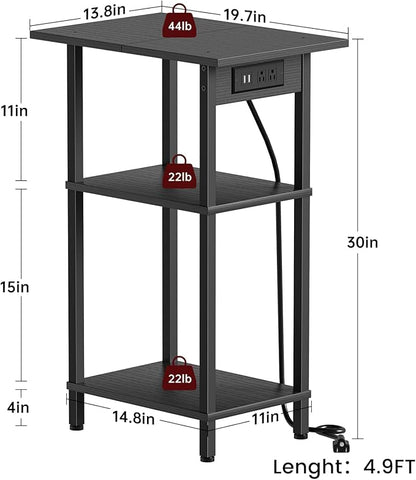 Asgolion Tall End Table with Charging Station, Skinny Nightstand with USB Ports and Outlets, 3 Tier Narrow Side Table with Storage for Bedroom, Living Room, Office, Black