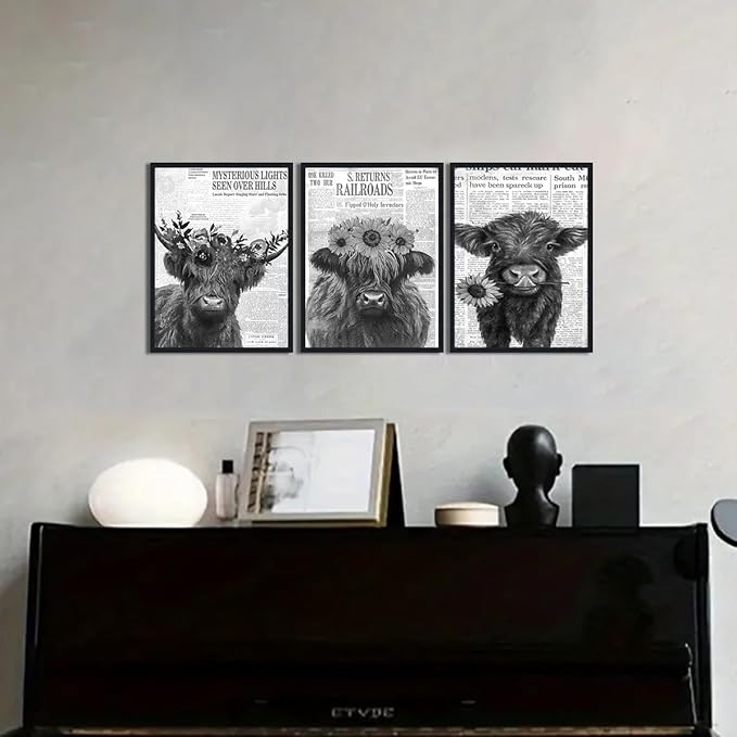 Retro Funny Cow 3 Piece Canvas Wall Art Vintage Newspaper Hairy Cow Poster Rustic Farmhouse Floral Animal Framed Wall Decor for Kitchen Bedroom Country House Decor Easy to Hand 12x16inchx3pcs