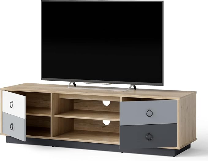 Tangkula Modern TV Stand for up to 60” TVs, 55”L Minimalist Entertainment Center w/ 2 Doors & Open Shelves, 2 Cable Holes, Media Console Table Storage Cabinet for Living Room (Natural, 55”L)