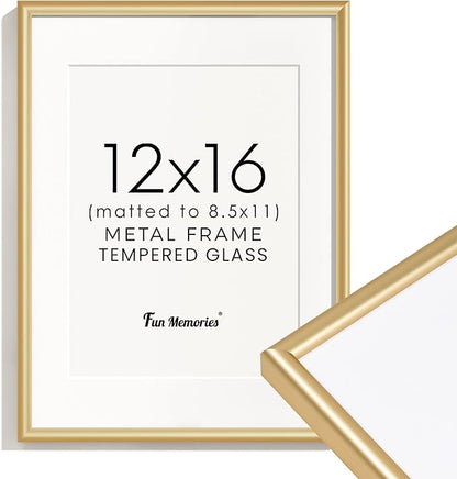 Fun Memories 12x16 Picture Frame Gold, Aluminum Picture Frames 12"x16", 12x16 Picture Frame with Mat for 8.5x11, 12 by 16 Frame Real Glass, 12 x 16 Metal Frame for Home Decor
