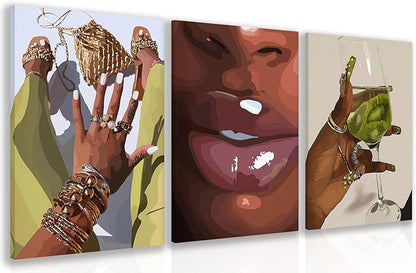 Hianan Black Girl Canvas Wall Art Set of 3, Framed African American Woman Wall Decor, Fashion Black Women Poster Prints, Abstract Black Girl Aesthetic Pictures for Living Room Bedroom 16"x24"