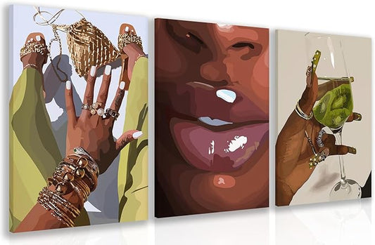 Hianan Black Girl Canvas Wall Art Set of 3, Framed African American Woman Wall Decor, Fashion Black Women Poster Prints, Abstract Black Girl Aesthetic Pictures for Living Room Bedroom 16"x24"