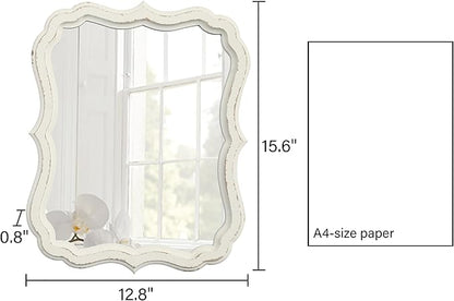 Rustic White Small Scalloped Wall Mirror 12" x 15", Mirror Wall Decor, Decorative Wall Mounted Mirrors, Bathroom Mirrors for Vanity, Distressed Finish Vintage Wall Mirror for Living Room