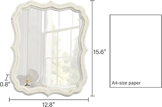 Rustic White Small Scalloped Wall Mirror 12" x 15", Mirror Wall Decor, Decorative Wall Mounted Mirrors, Bathroom Mirrors for Vanity, Distressed Finish Vintage Wall Mirror for Living Room