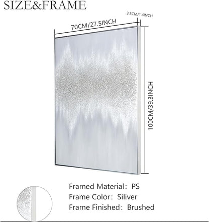 Silver Abstract Wall Art Decor - Grey Hand-Painting Embellished with Sand Grain and Glitter in Metallic Hues, Brilliant Modern Abstract Canvas for Living room, Bedroom Decor, 28" x 40", Framed