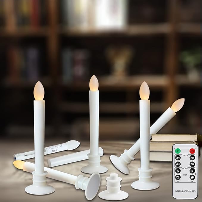 6 Pack Flameless Taper Candles with Remote/Timer, Battery Operated Flickering LED Window Candles, Vintage Christmas Electric Fake Candlesticks, White Holder