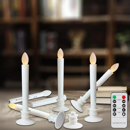 6 Pack Flameless Taper Candles with Remote/Timer, Battery Operated Flickering LED Window Candles, Vintage Christmas Electric Fake Candlesticks, White Holder