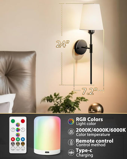 Adetu Wall Sconces Set of Two, Battery Operated Wall Sconce with 10000mAh RGB Dimmable Magnetic Bulbs and Remote, Rechargeable Wall Lights for Bedroom Living Room Hallway Decor
