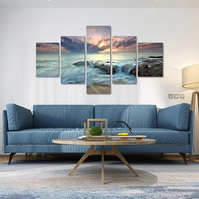 Yatsen Bridge 5 Pieces Canvas Wall Art Sea Water and Rocks Picture Prints Modern Wrapped Giclee Canvas Artwork Ready to Hang for Living Room Bedroom Home Wall Decorations Large Size- 60'' W x 40''H