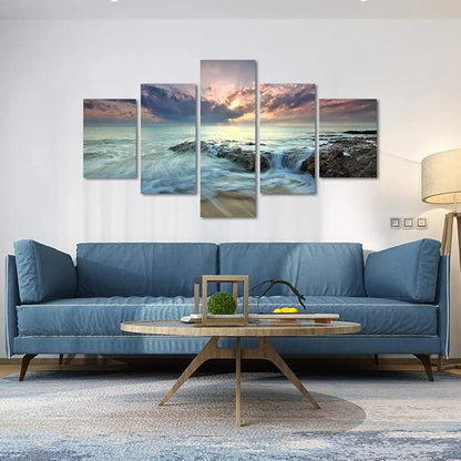 Yatsen Bridge 5 Pieces Canvas Wall Art Sea Water and Rocks Picture Prints Modern Wrapped Giclee Canvas Artwork Ready to Hang for Living Room Bedroom Home Wall Decorations Large Size- 60'' W x 40''H