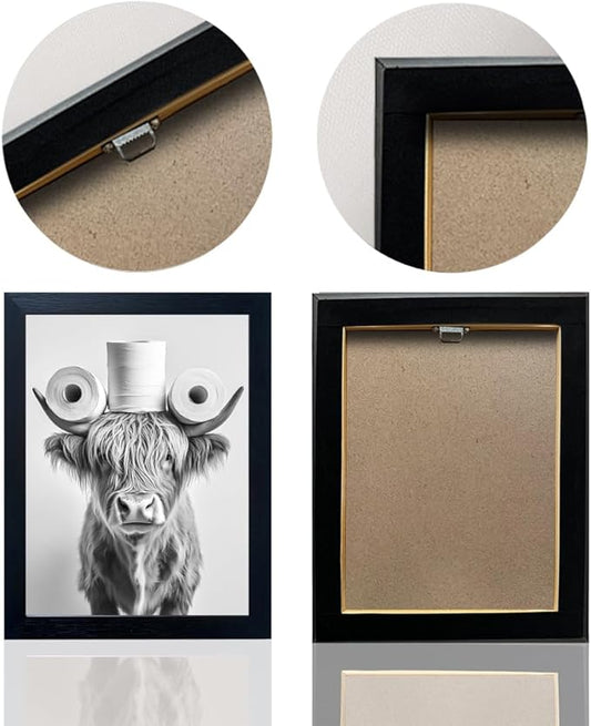 Funny Highland Cow Bathroom Wall Art with Toilet Paper on Head, Humorous Farmhouse Sign for Bathroom Decor, Rustic Black Framed Canvas Print for Restroom Toilet, Ready to Hang 11"x14"