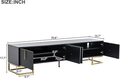 Merax Modern TV Stand with Metal Legs, Gold Handles, Geometric Lines and Adjustable Shelves for TVs Up to 80'', Media Console Table, Luxury Storage Cabinets for Living Room, Black