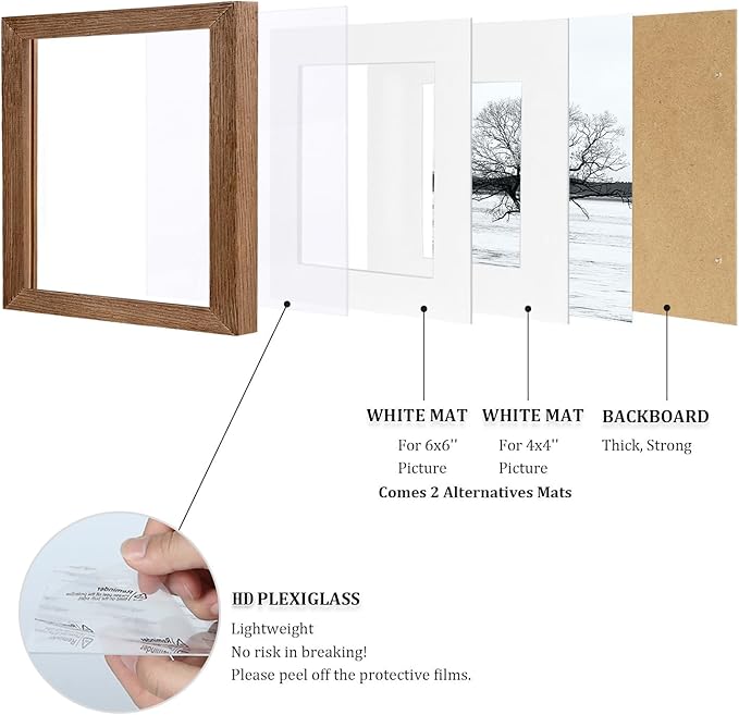 Egofine 8x8 Picture Frame Made of Solid Wood with Plexiglass, Display Pictures 4x4/6x6 with Mat or 8x8 Without Mat Set of 4 for Tabletop and Wall Mounting, Walnut Brown