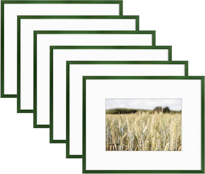 Golden State Art 8x10 Picture Frame 6 Pack - Dark Green Aluminum Photo Frames With 5x7 Mats and Real Glass Cover - Elegant Minimalist Wall Gallery Frames for Home or Office Decor