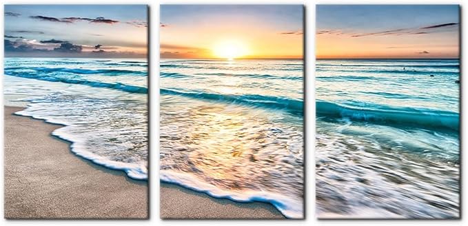 Pacimo 3 Panels Beach Canvas Wall Art for Home Decor Blue Sea Sunset White Beach Painting The Picture Print on Canvas Seascape The Pictures for Home Decor Decoration Ready to Hang - 16"x24"x3 Panels