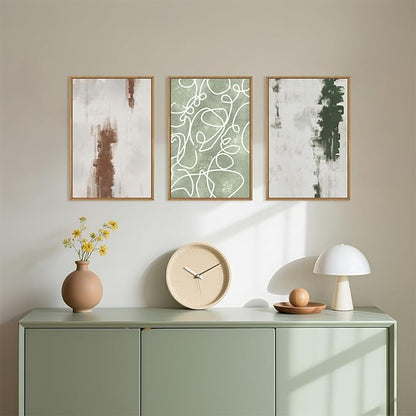 Large Abstract Green Brown Geometric Framed Canvas Wall Art Set,Minimalist Neutral Brush Stroke Wall Decor,Modern Watercolor White Curved Lines Artwork for Living Room,Bedroom,Office-24 x36 x3