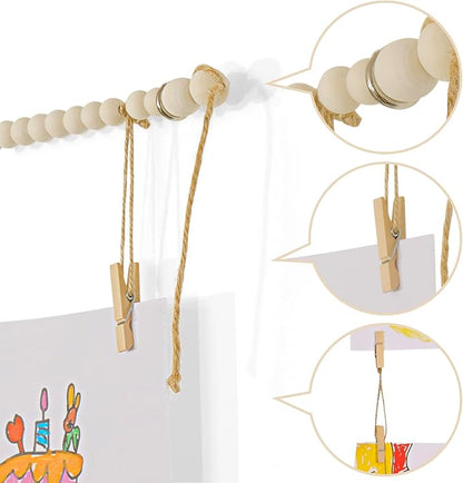 KLOGTSIND Kids Art Display Wall Decor, Wooden Beads Garland Frame Holder with 34 Clips for kids artwork, Photo, Wall Hanging Boho Room Bedroom Decor
