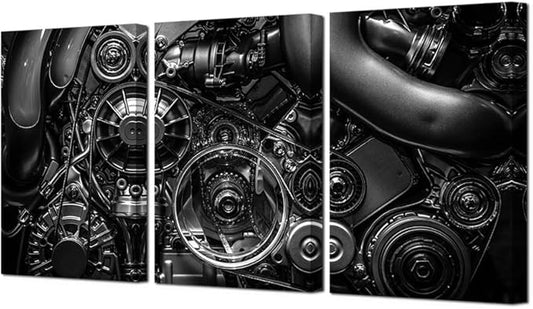 HOMEOART Engine Wall Art Closeup Gear and Chain Black and White Picture Canvas Print Gallery Wrapped Man Cave Wall Decor 24"x48" (3 Panels)