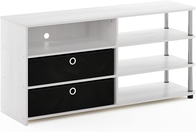 Furinno Jaya Simple Design Stand for TV up to 55-Inch with Bins, White Oak/Chrome/Black