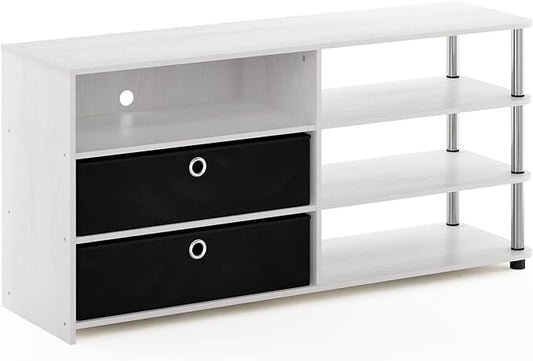 Furinno Jaya Simple Design Stand for TV up to 55-Inch with Bins, White Oak/Chrome/Black