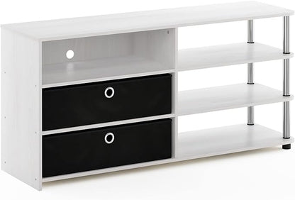 Furinno JAYA Simple Design TV Stand for up to 55-Inch with Bins, White Oak, Stainless Steel Tubes