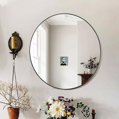 VooBang Black Round Mirror, Small 16" Circle Mirror, Round Wall Mirror with Simple Metal Frame, Modern Round Mirror Hanging for Bathroom, Bedroom, Entryway Wall Decoration, (16" Black)