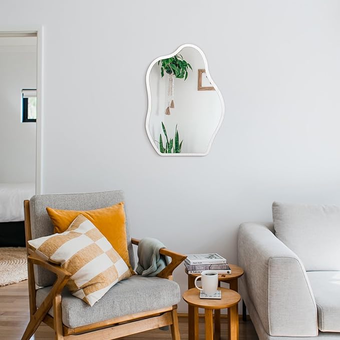 Irregular Cloud Mirror Modern Wood Frame Wall Mirrors Unique Shape Asymmetrical Wall Vanity Artistic Decor for Bedroom Bathroom Entryway Hallway Living Room Small White