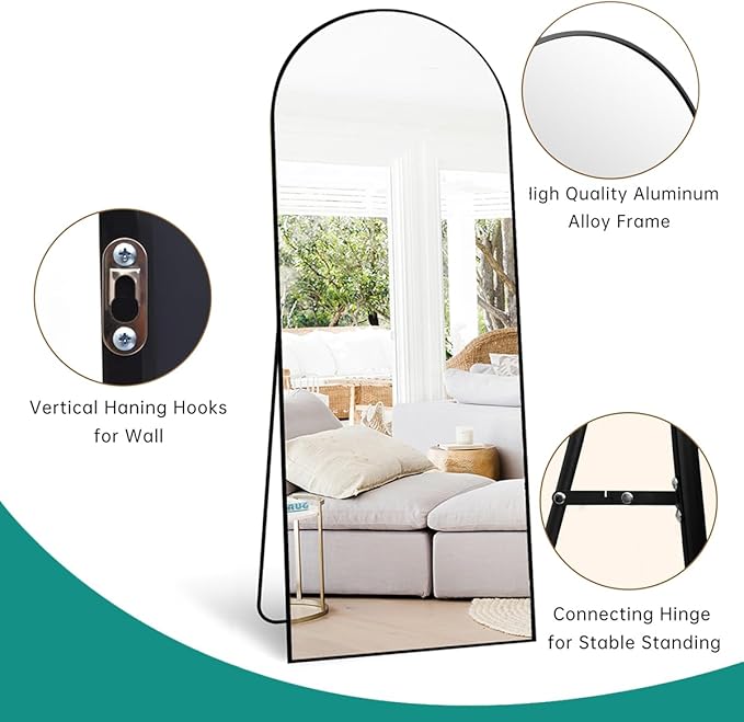 Full Length Mirror, 71''x30'' Floor Mirror with Stand, Arched Wall Mounted Mirror, Large Full Body Mirror with Aluminum Frame Hanging or Leaning for Bedroom, Living Room, Cloakroom (Black)