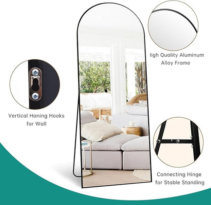Full Length Mirror, 71''x30'' Floor Mirror with Stand, Arched Wall Mounted Mirror, Large Full Body Mirror with Aluminum Frame Hanging or Leaning for Bedroom, Living Room, Cloakroom (Black)
