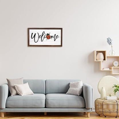 Ladybug Welcome Decor, Front Door Porch Signs, Welcome Decoration for Wall, Farmhouse Home Decors for Indoor Outdoor, Garden Yard Decors, Wooden Framed Wall Plaque 15×7.5×0.3 inches