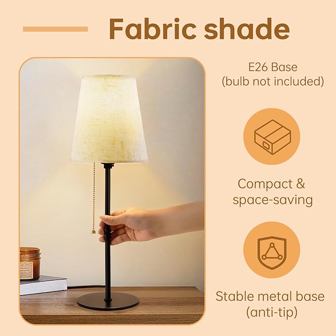 Vintage Fabric Table Lamp - 18" Linen Shade Desk Lamp, Pull Chain Switch