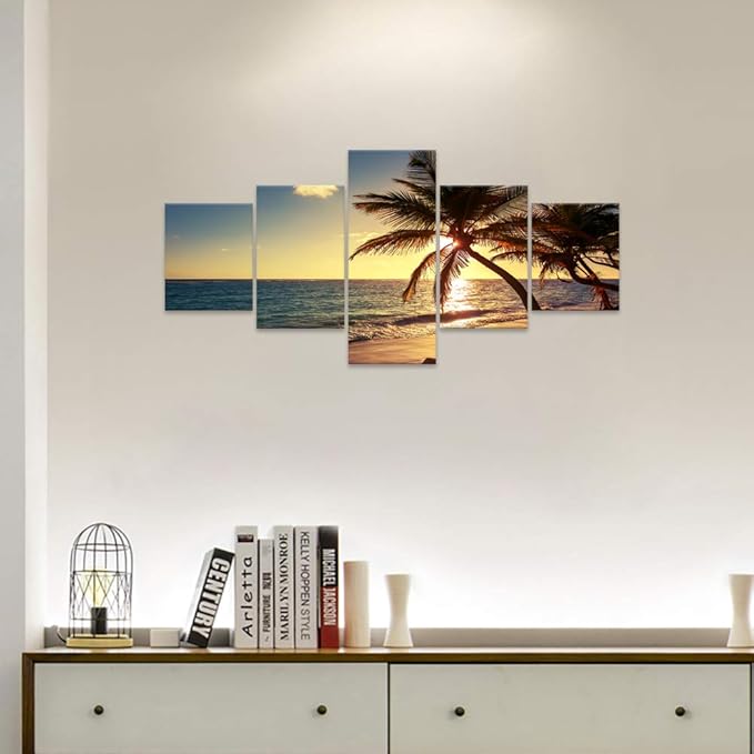 Beautiful Modern Ocean Paintings 5 Pieces Prints Blue Sea Clouds Canvas Wall Art Painting for Living room Home Decor As Gifts stretched and Framed Ready to Hang for Bedroom Wall(50’’W x 24’’H)