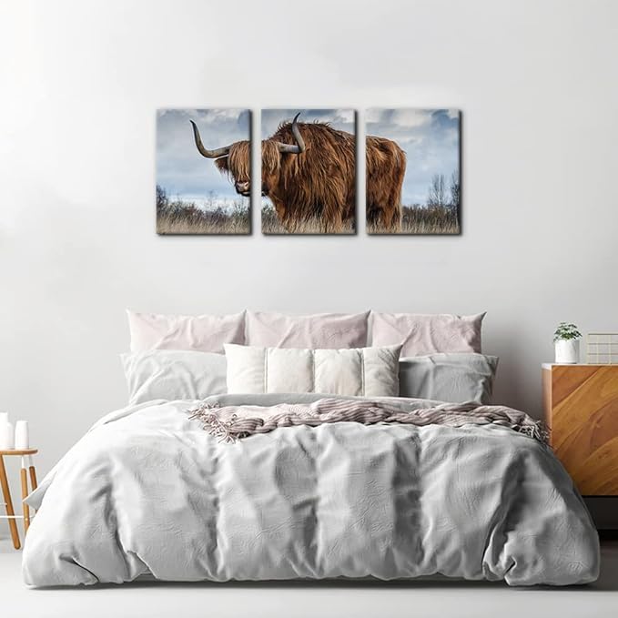 Pacimo 3 Panels Framed Canvas Prints Highland Cattle Wall Art Home Decorations for Living Room Modern Stretched and Framed Animal Pictures Photo Giclee Paintings Ready to Hang - 12" x 16" x 3