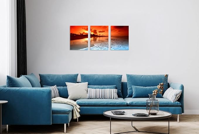 TutuBeer 3 Panels Beach Pictures Wall Decor Beach at Sunset Ocean Pictures Print on Canvas Ocean Picture Wall Decor Ocean Art for Home Decoration Stretched and Framed 16" x 24" x 3 Pieces