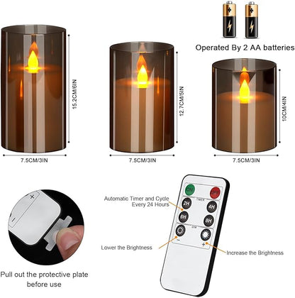 Flameless Candles 4" 5" 6" Acrylic Glass Pillars 3" Diameter Battery Operated Flickering Candles Include Remote with 24Hour Timer Function 400+ Hours by 2 AA Batteries (Gray, Warm Light 9 Pack)