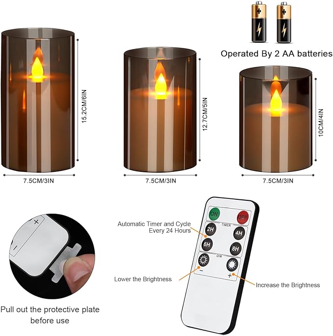 wemarry Flameless Candles 4" 5" 6" Acrylic Glass Pillars 3" Diameter Battery Operated Flickering Candles Include 8-Key Remote with Timer Function 400+ Hours (Gray, Warm Light 3 Pack)