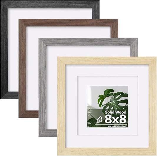 Egofine 8x8 Picture Frame Set of 4 Multicolor Solid Wood Frames Covered by Plexiglass, Display 4x4/6x6 Photo with Mat, Gallery Wall Picture Frames for Tabletop or Wall Mounting, Mixed Colors