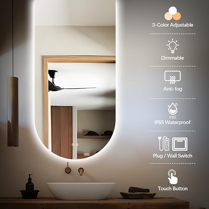 Arched LED Bathroom Mirror, 48"x24" Arch Framless Backlit Mirror with Lights Anti-Fog Dimmable Smart Frameless 3-Color Lighted Vanity Mirror Memory Waterproof, UL Listed, Vertical-Inverted