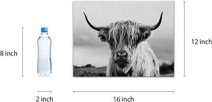 Highland Cow Wall Art Canvas Print Black and White Animal Canvas Picture Framed Art Wall Decor for Bedroom Bathroom (12x16 inch)
