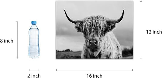 Highland Cow Wall Art Canvas Print Black and White Animal Canvas Picture Framed Art Wall Decor for Bedroom Bathroom (12x16 inch)