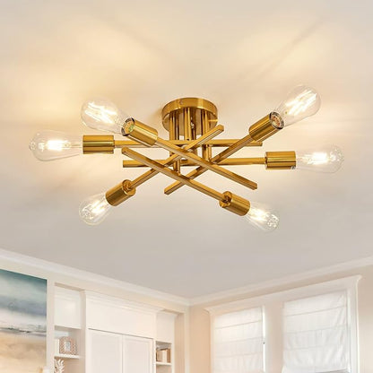 ASGYISA 6-Lights Semi Flush Mount Ceiling Light Fixture Gold Modern Matte Sputnik Chandelier Vintage Ceiling Lamp Farmhouse for Kitchen Bedroom Dining Room Living Room with E26 Bulb Base
