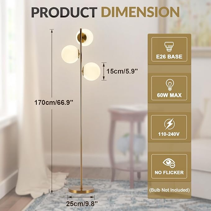 BOKT Modern Gold Floor Lamps Mid Century 3-Light Globe Standing Lamp Tall Pole Floor Light with Frosted Glass Contemporary Adjustable Floor Lamp for Living Room Reading Bedroom…