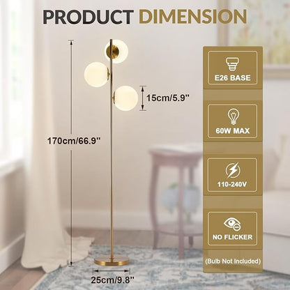 BOKT Modern Gold Floor Lamps Mid Century 3-Light Globe Standing Lamp Tall Pole Floor Light with Frosted Glass Contemporary Adjustable Floor Lamp for Living Room Reading Bedroom…