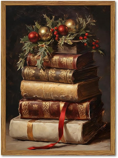 Framed Vintage Christmas Canvas Wall Art, Rustic Xmas Book Artwork Wall Decor Paintings, Retro Winter Holiday Pictures Prints Dark Academia Home Decor for Living Room Bedroom Libiary 12×16 inch