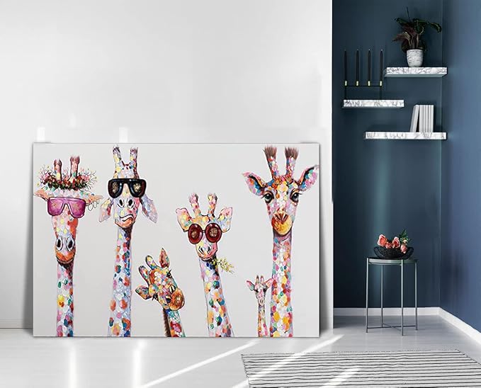 Bansky Graffiti Art Large Size 5 Giraffes Canvas Wall Art for Living Room Bathroom Framed Canvas Painting Wall Decor Modern Home Artwork Office Ready to Hang 44" WX28 H