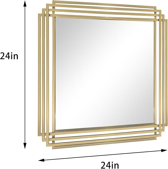 Gold Geometric Mirrors, 24"x24" Art Deco Elegant Mirror with Metal Frame, Modern Square Aesthetic Wall Mirrors for Living Room Bedroom Entryway, Horizontal or Vertical Hanging