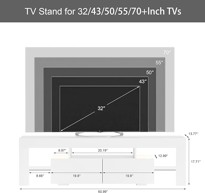 JUMMICO TV Stand with LED Lights, Modern Entertainment Center Media and Open Shelf Console Table Storage Desk with 1 Drawer and Remote Control 20 Color LED Lights up to 70 Inch TV (White)