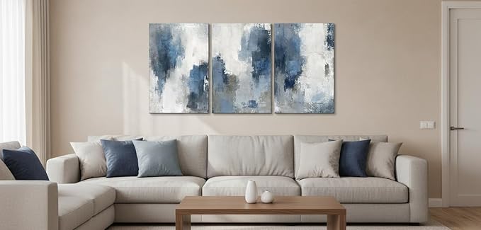 Zessonic Abstract Navy Blue Grey Framed Canvas Wall Art - Modern Minimalist Paintings Brush Stroke Artwork for Home Decor, Living Room Bedroom Office - 16x24 Inch Set of 3