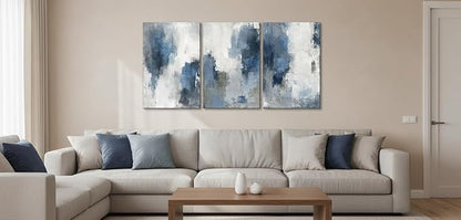 Zessonic Abstract Navy Blue Grey Framed Canvas Wall Art - Modern Minimalist Paintings Brush Stroke Artwork for Home Decor, Living Room Bedroom Office - 16x24 Inch Set of 3